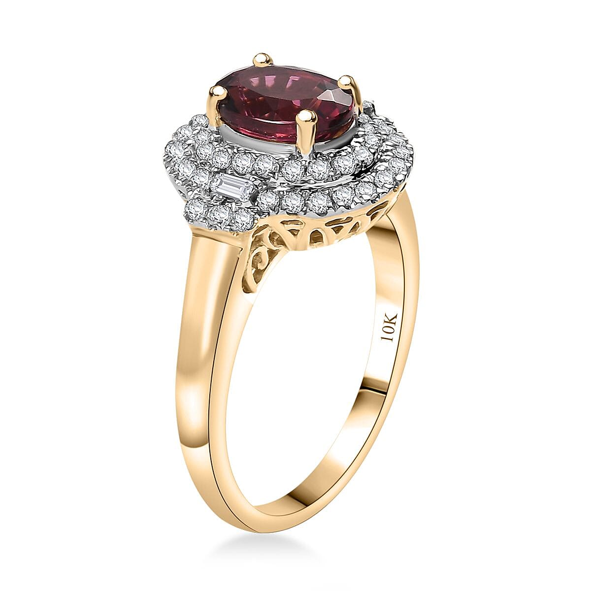 Certified & Appraised Luxoro AAA Ouro Fino Rubellite and G-H I2 Diamond 1.74 ctw Double Halo Ring in 10K Yellow Gold (Size 8.0) image number 3