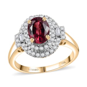 Certified & Appraised Luxoro AAA Ouro Fino Rubellite and G-H I2 Diamond 1.74 ctw Double Halo Ring in 10K Yellow Gold (Size 9.0)