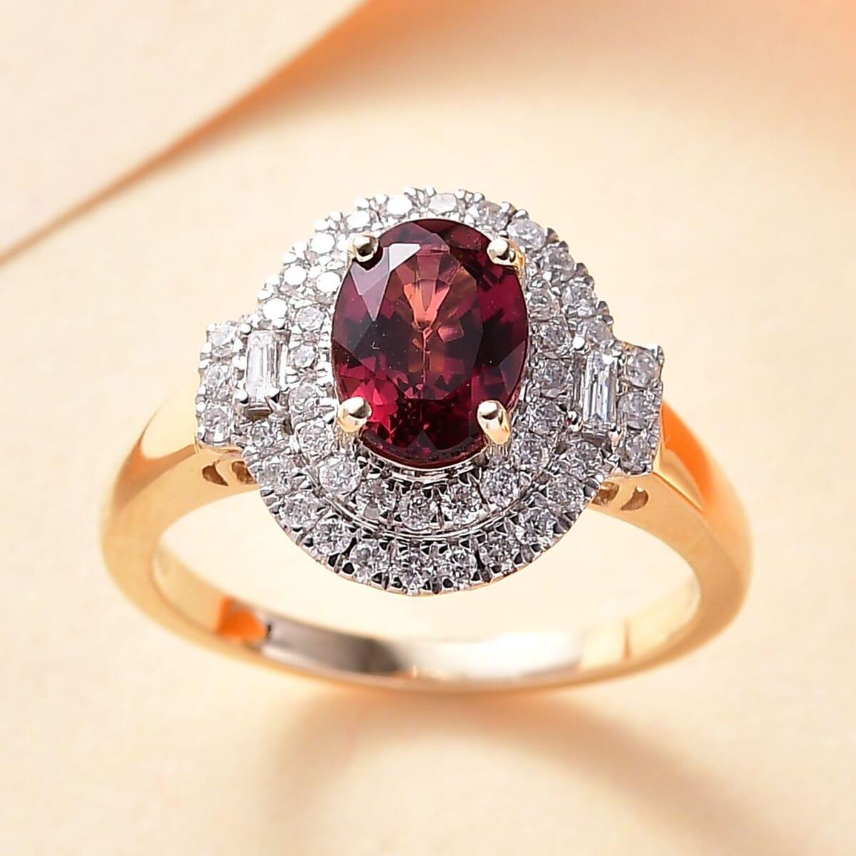 Certified & Appraised Luxoro AAA Ouro Fino Rubellite and G-H I2 Diamond 1.74 ctw Double Halo Ring in 10K Yellow Gold (Size 9.0) image number 1