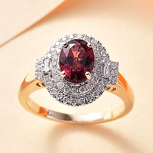 Certified & Appraised Luxoro AAA Ouro Fino Rubellite and G-H I2 Diamond 1.74 ctw Double Halo Ring in 10K Yellow Gold (Size 9.0)