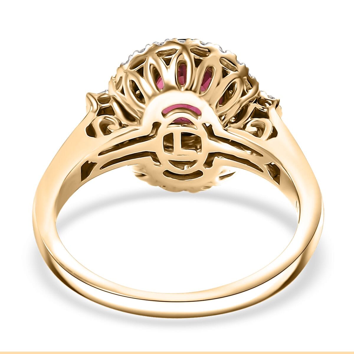 Certified & Appraised Luxoro AAA Ouro Fino Rubellite and G-H I2 Diamond 1.74 ctw Double Halo Ring in 10K Yellow Gold (Size 9.0) image number 4