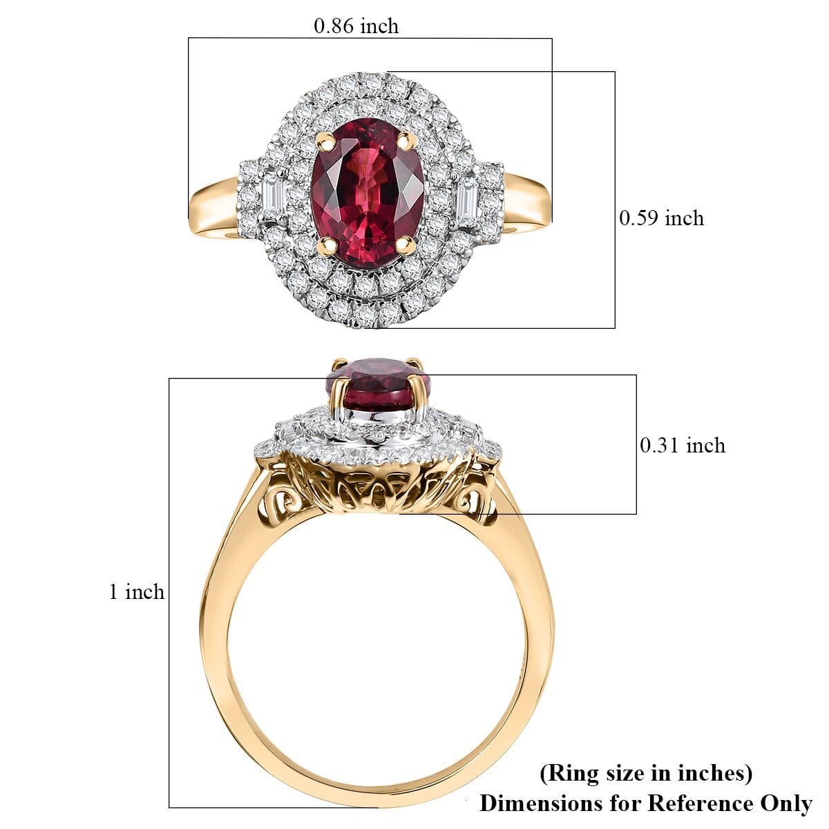 Certified & Appraised Luxoro AAA Ouro Fino Rubellite and G-H I2 Diamond 1.74 ctw Double Halo Ring in 10K Yellow Gold (Size 9.0) image number 5