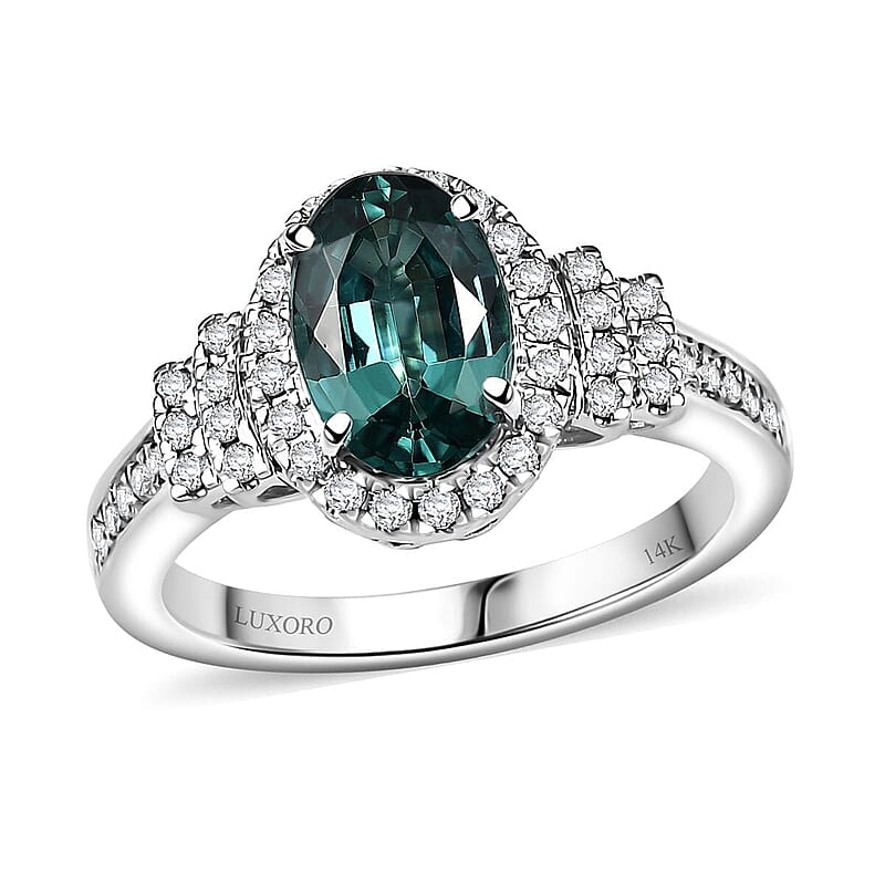 Certified & Appraised Luxoro 14K White Gold AAA Pirineu Lagoon Tourmaline, Diamond (I2) (0.37 cts) Ring (Size 10.0) 2.05 ctw