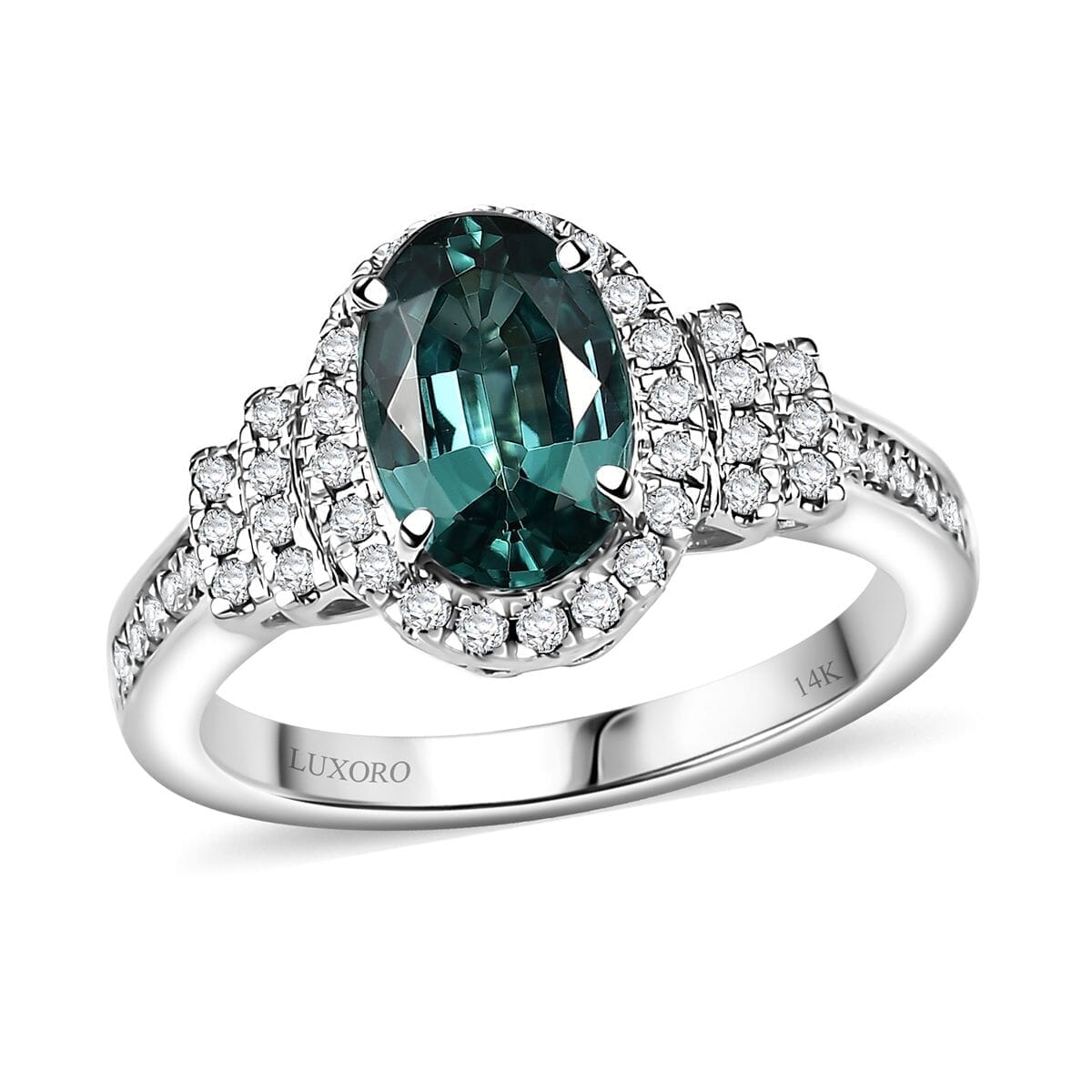 Certified & Appraised Luxoro 14K White Gold AAA Pirineu Lagoon Tourmaline, Diamond (I2) (0.37 cts) Ring (Size 6.0) 2.05 ctw image number 0