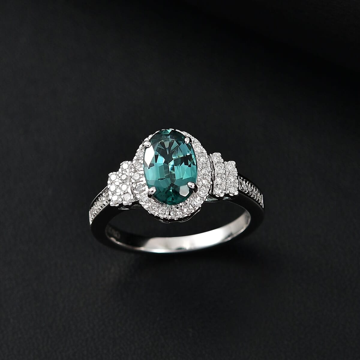 Certified & Appraised Luxoro 14K White Gold AAA Pirineu Lagoon Tourmaline, Diamond (I2) (0.37 cts) Ring (Size 6.0) 2.05 ctw image number 1
