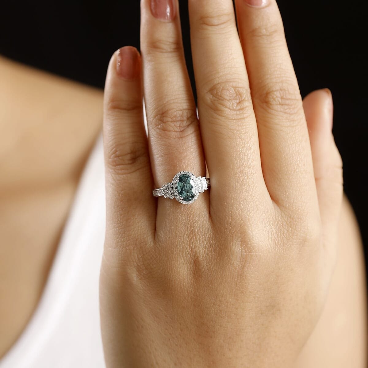 Certified & Appraised Luxoro 14K White Gold AAA Pirineu Lagoon Tourmaline, Diamond (I2) (0.37 cts) Ring (Size 6.0) 2.05 ctw image number 2