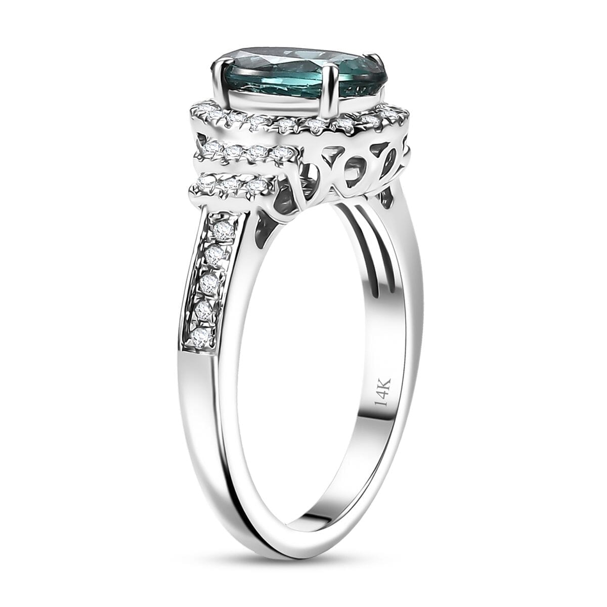 Certified & Appraised Luxoro 14K White Gold AAA Pirineu Lagoon Tourmaline, Diamond (I2) (0.37 cts) Ring (Size 6.0) 2.05 ctw image number 3