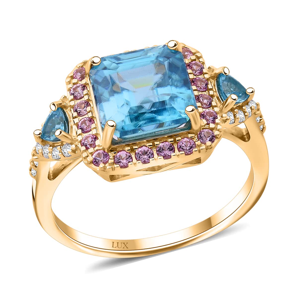 Pre Doorbuster Luxoro 10K Yellow Gold Premium Ratanakiri Blue Zircon, Madagascar Pink Sapphire, Diamond (G-H, I2) Ring (Size 10.0) (4 g) 5.50 ctw image number 0