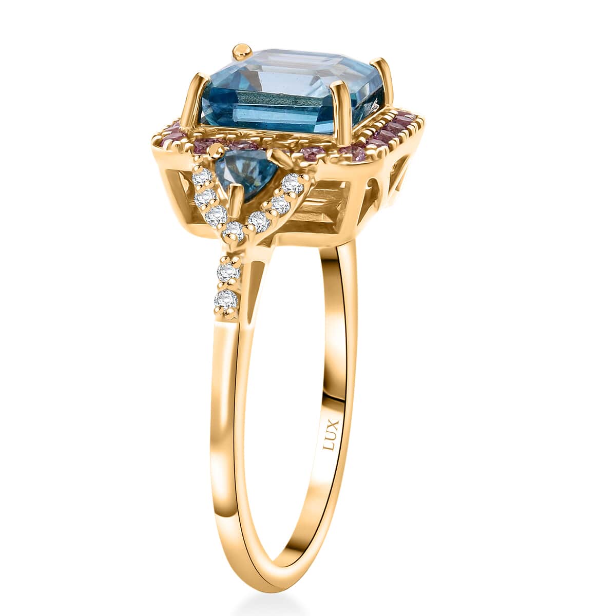 Pre Doorbuster Luxoro 10K Yellow Gold Premium Ratanakiri Blue Zircon, Madagascar Pink Sapphire, Diamond (G-H, I2) Ring (Size 10.0) (4 g) 5.50 ctw image number 3