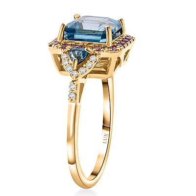 Luxoro Premium Ratanakiri Blue Zircon, Madagascar Pink Sapphire and G-H I2 Diamond 4.90 ctw Ring in 10K Yellow Gold (Size 10.0) 4 Grams