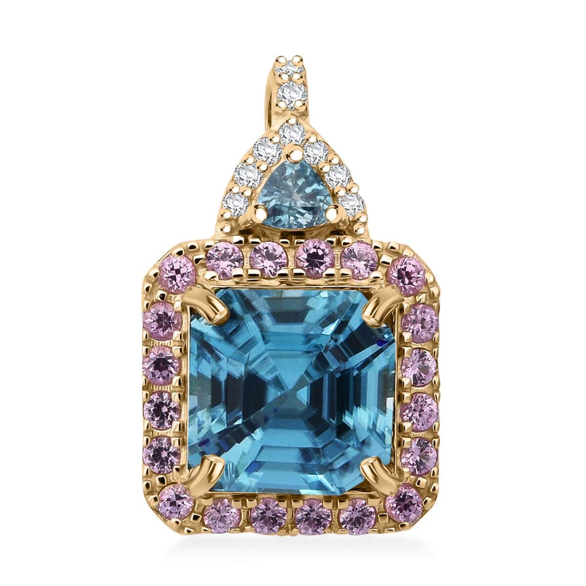 Doorbuster Luxoro Premium Ratanakiri Blue Zircon, Madagascar Pink Sapphire and G-H I2 Diamond 5.50 ctw Pendant in 10K Yellow Gold image number 0