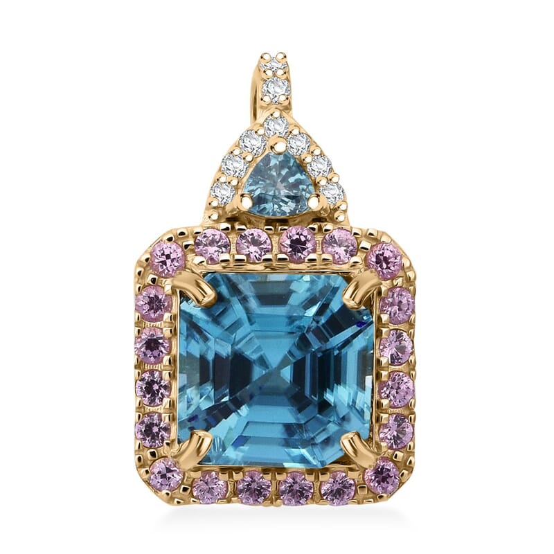 Luxoro Premium Ratanakiri Blue Zircon, Madagascar Pink Sapphire and G-H I2 Diamond 4.70 ctw Pendant without Chain in 10K Yellow Gold