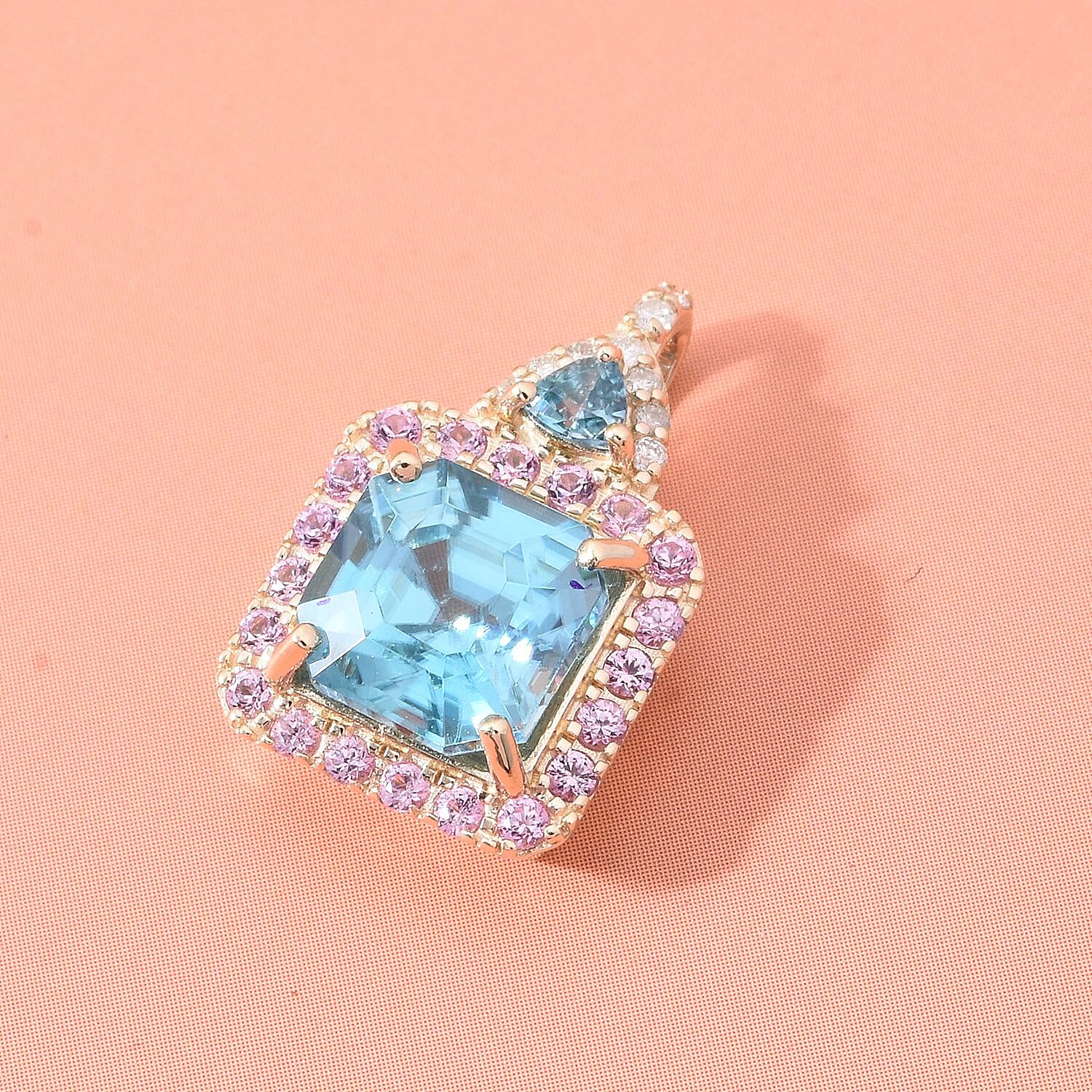 Luxoro Premium Ratanakiri Blue Zircon, Madagascar Pink Sapphire and G-H I2 Diamond 4.70 ctw Pendant without Chain in 10K Yellow Gold