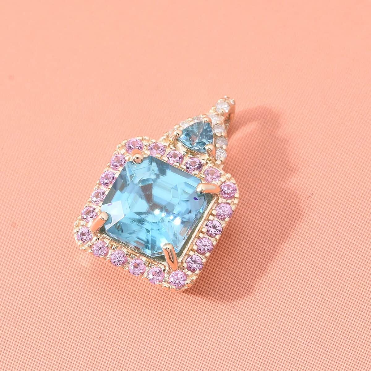 Doorbuster Luxoro Premium Ratanakiri Blue Zircon, Madagascar Pink Sapphire and G-H I2 Diamond 5.50 ctw Pendant in 10K Yellow Gold image number 1