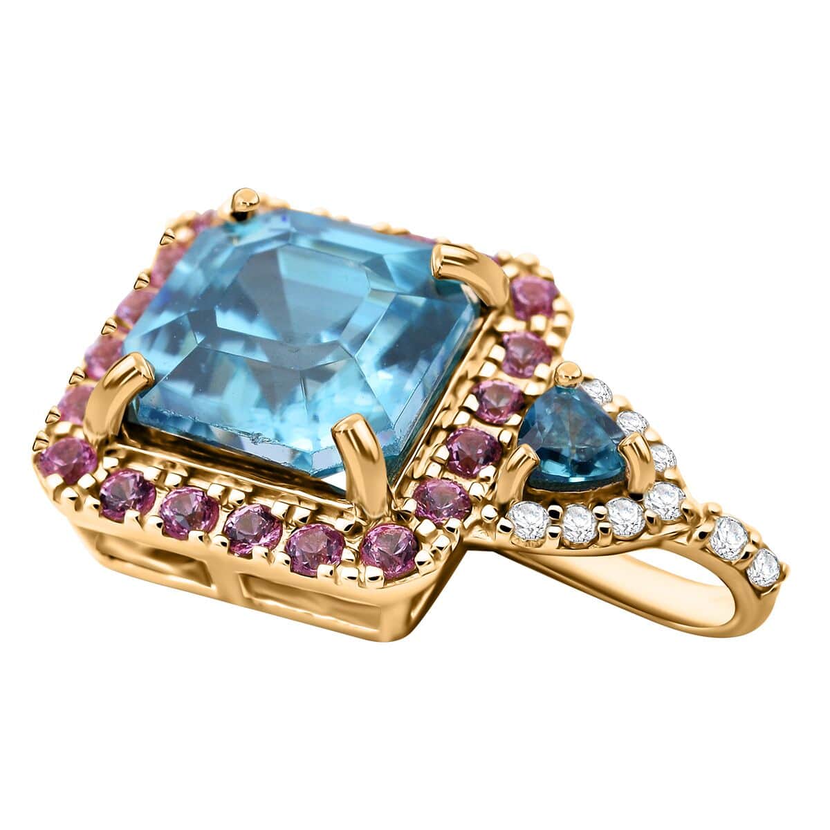 Doorbuster Luxoro Premium Ratanakiri Blue Zircon, Madagascar Pink Sapphire and G-H I2 Diamond 5.50 ctw Pendant in 10K Yellow Gold image number 3