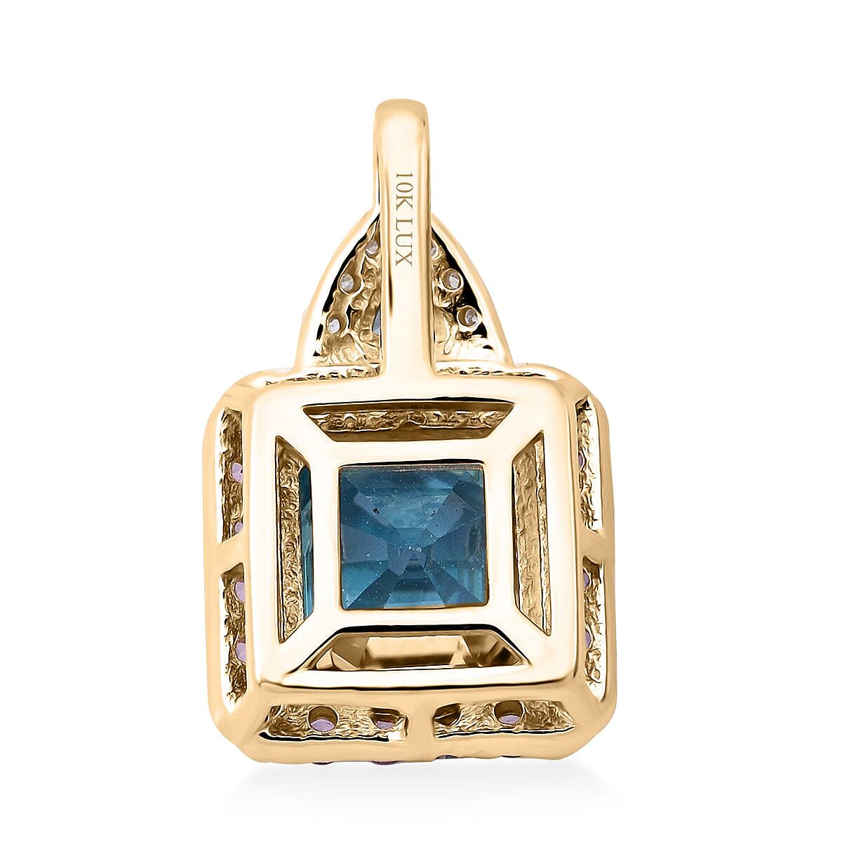 Luxoro Premium Ratanakiri Blue Zircon, Madagascar Pink Sapphire and G-H I2 Diamond 4.70 ctw Pendant without Chain in 10K Yellow Gold