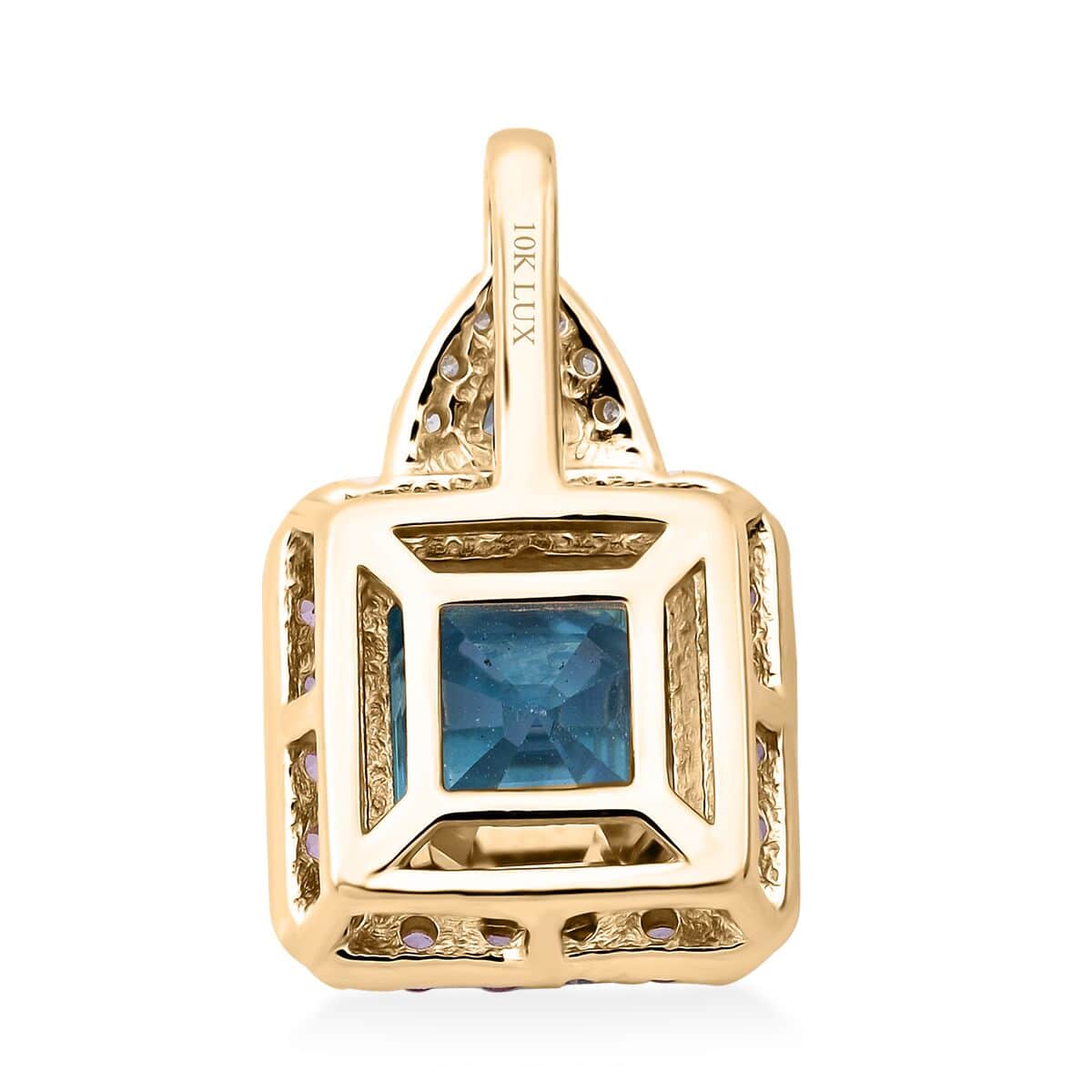 Doorbuster Luxoro Premium Ratanakiri Blue Zircon, Madagascar Pink Sapphire and G-H I2 Diamond 5.50 ctw Pendant in 10K Yellow Gold image number 4