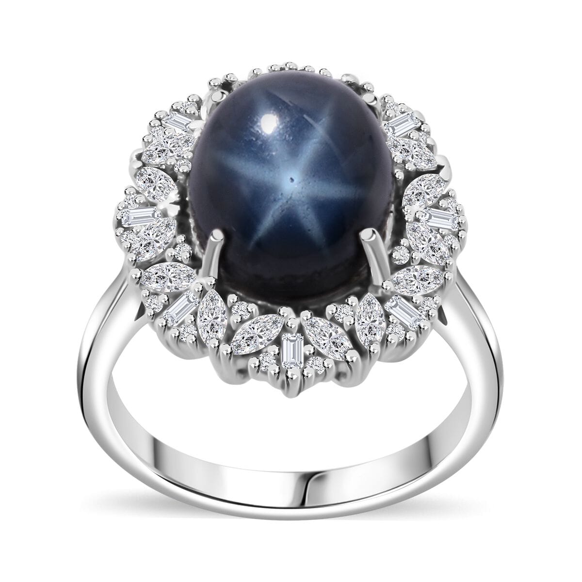 Blue Star Sapphire (DF) and White Zircon 9.00 ctw Starlight Ring in Rhodium Over Sterling Silver (Size 10.0) image number 0