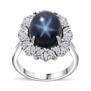 Blue Star Sapphire (DF) and White Zircon 9.00 ctw Starlight Ring in Rhodium Over Sterling Silver (Size 10.0)