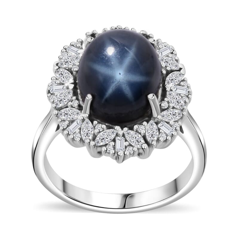 Blue Star Sapphire (DF) and White Zircon 9.00 ctw Starlight Ring in Rhodium Over Sterling Silver (Size 10.0)