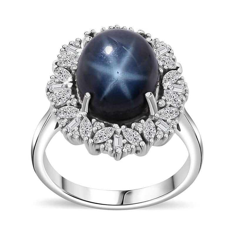 Blue Star Sapphire (DF) and White Zircon 9.00 ctw Starlight Ring in Rhodium Over Sterling Silver (Size 10.0)