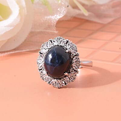 Blue Star Sapphire (DF) and White Zircon 9.00 ctw Starlight Ring in Rhodium Over Sterling Silver (Size 10.0)