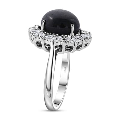 Blue Star Sapphire (DF) and White Zircon 9.00 ctw Starlight Ring in Rhodium Over Sterling Silver (Size 10.0)