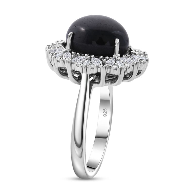 Blue Star Sapphire (DF) and White Zircon 9.00 ctw Starlight Ring in Rhodium Over Sterling Silver (Size 10.0)