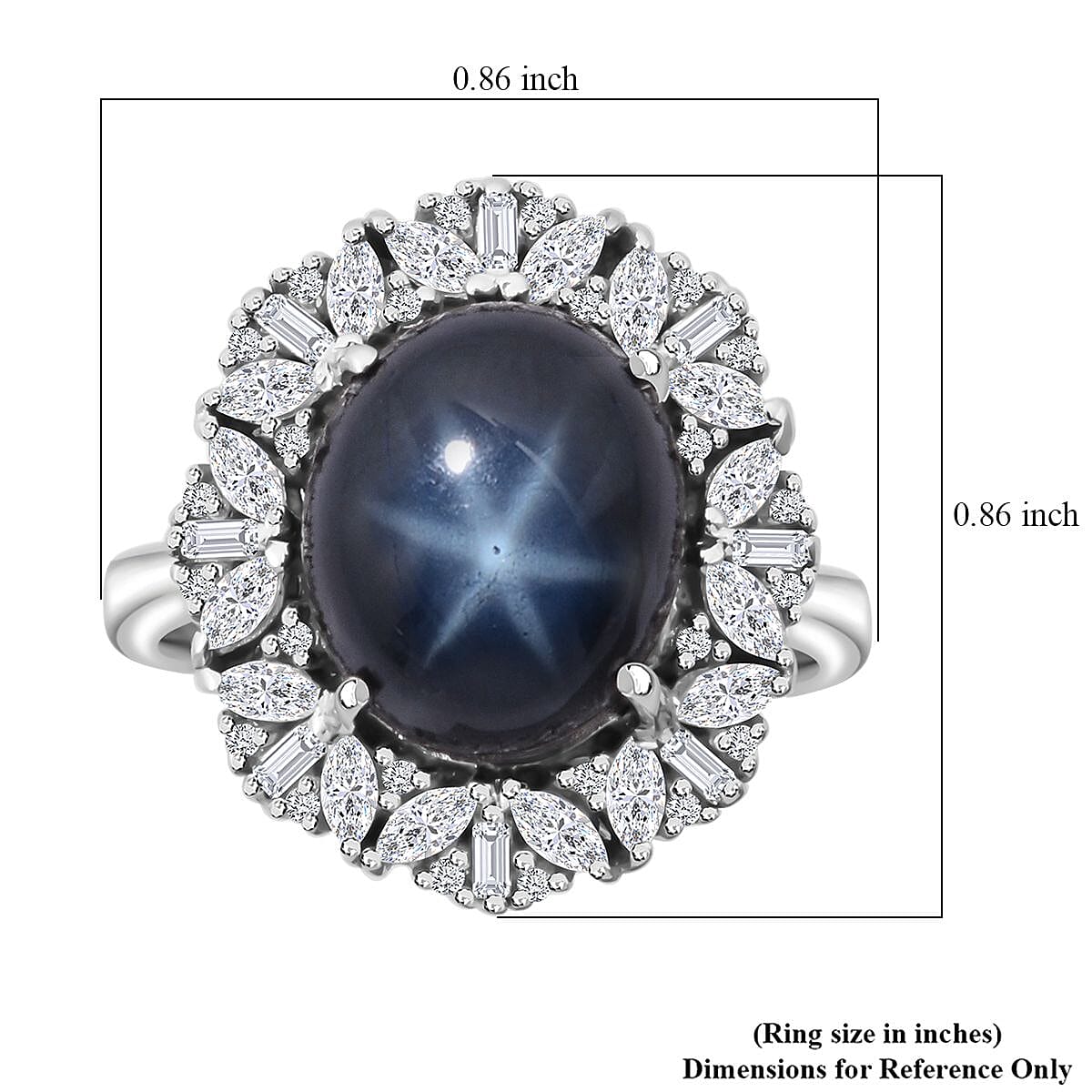 Blue Star Sapphire (DF) and White Zircon 9.00 ctw Starlight Ring in Rhodium Over Sterling Silver (Size 10.0)