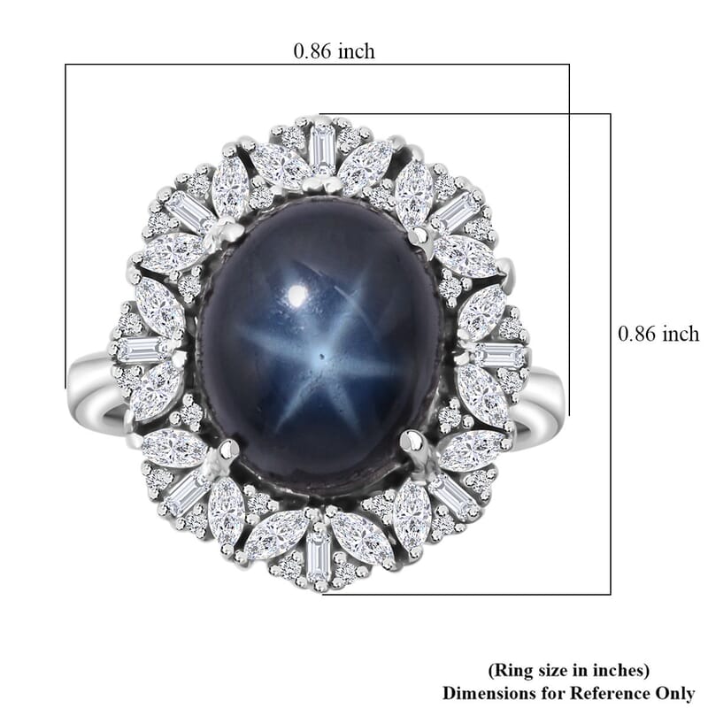 Blue Star Sapphire (DF) and White Zircon 9.00 ctw Starlight Ring in Rhodium Over Sterling Silver (Size 10.0)