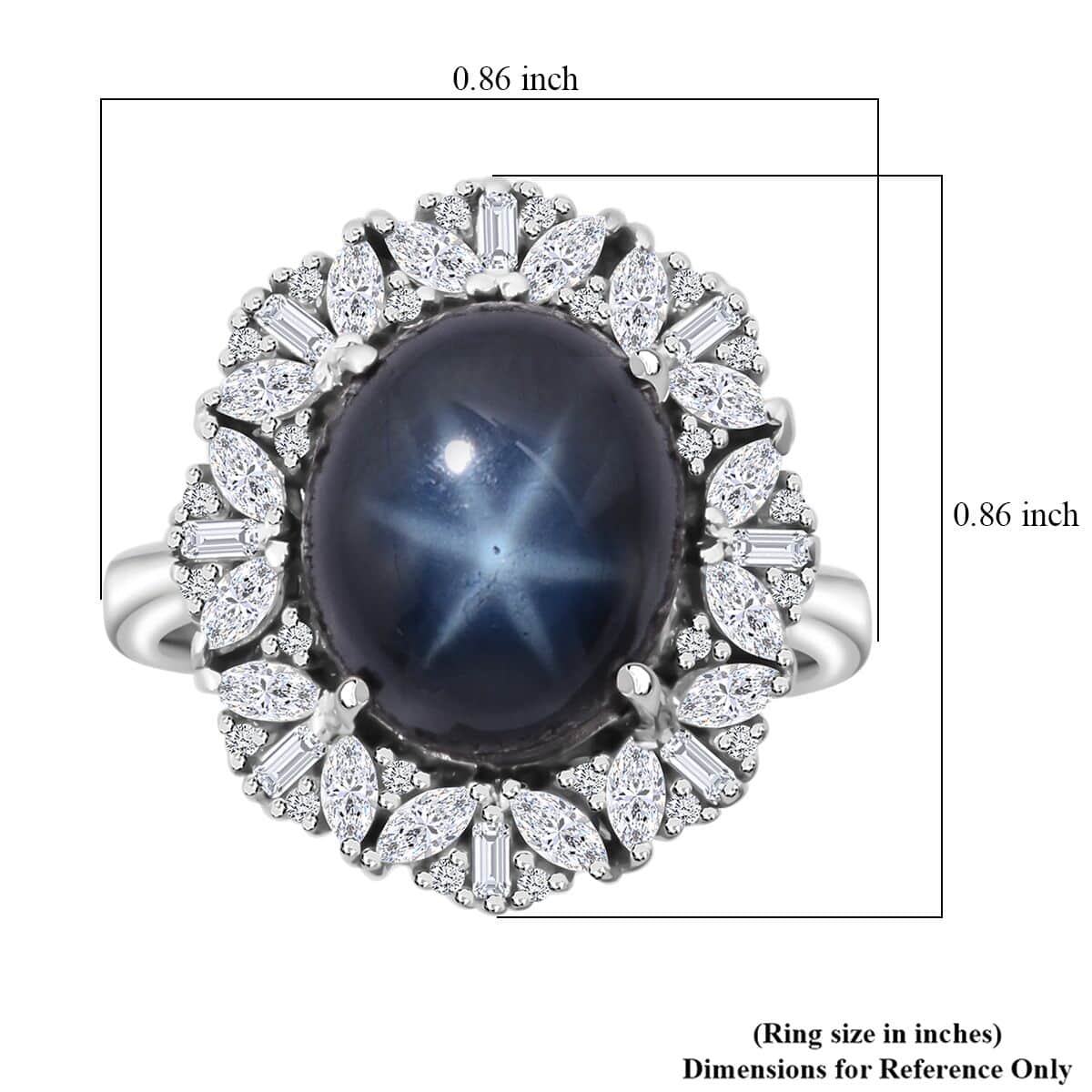 Doorbuster Blue Star Sapphire (DF) and White Zircon 9.00 ctw Starlight Ring in Rhodium Over Sterling Silver (Size 8.0) image number 5