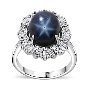 Blue Star Sapphire (DF) and White Zircon 9.00 ctw Starlight Ring in Rhodium Over Sterling Silver (Size 9.0)