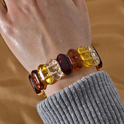 Simulated Multi Color Amber Block Stretch Bracelet 7-7.5 Inches