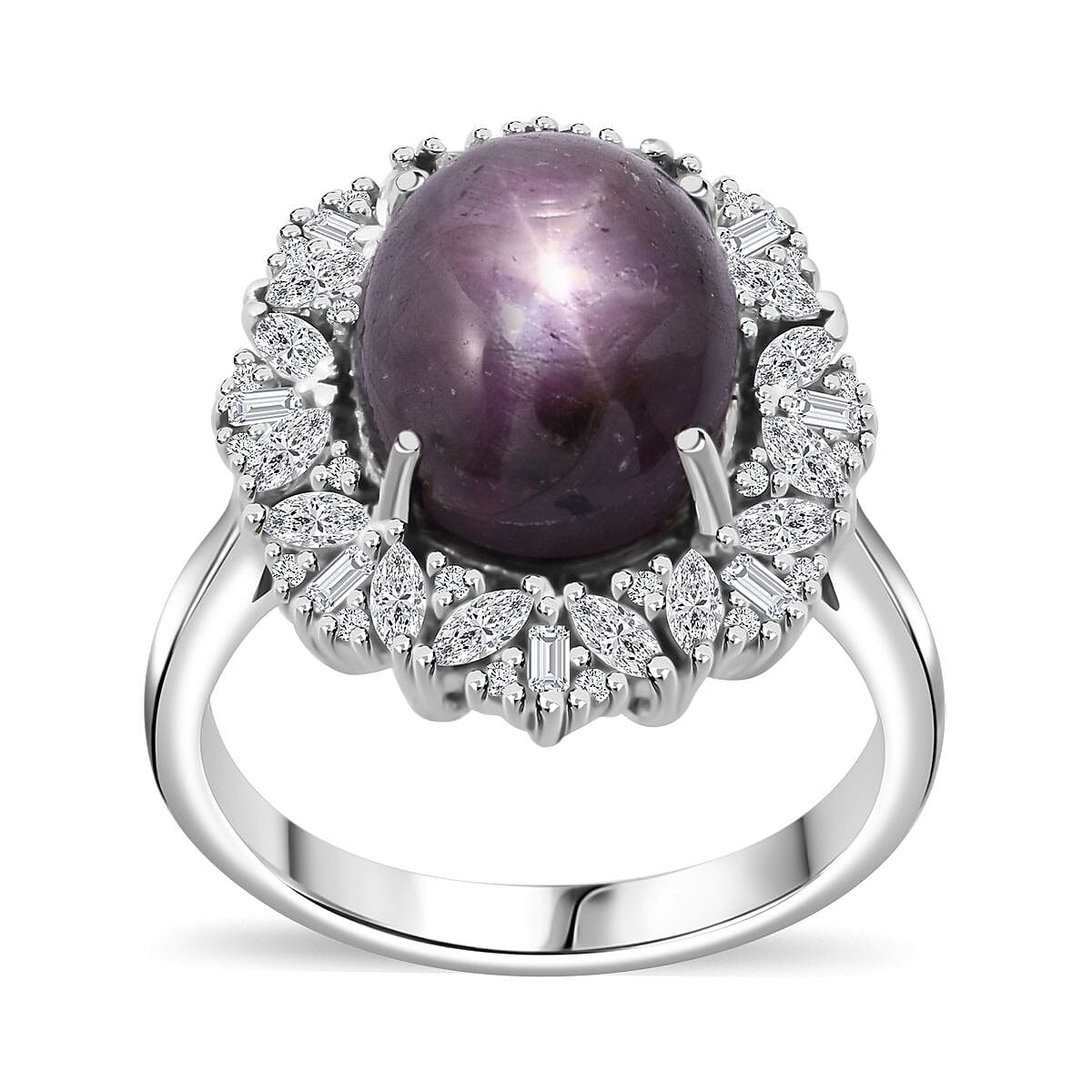 Indian Star Ruby and White Zircon 10.25 ctw Starlight Ring in Rhodium Over Sterling Silver (Size 11.0) image number 0