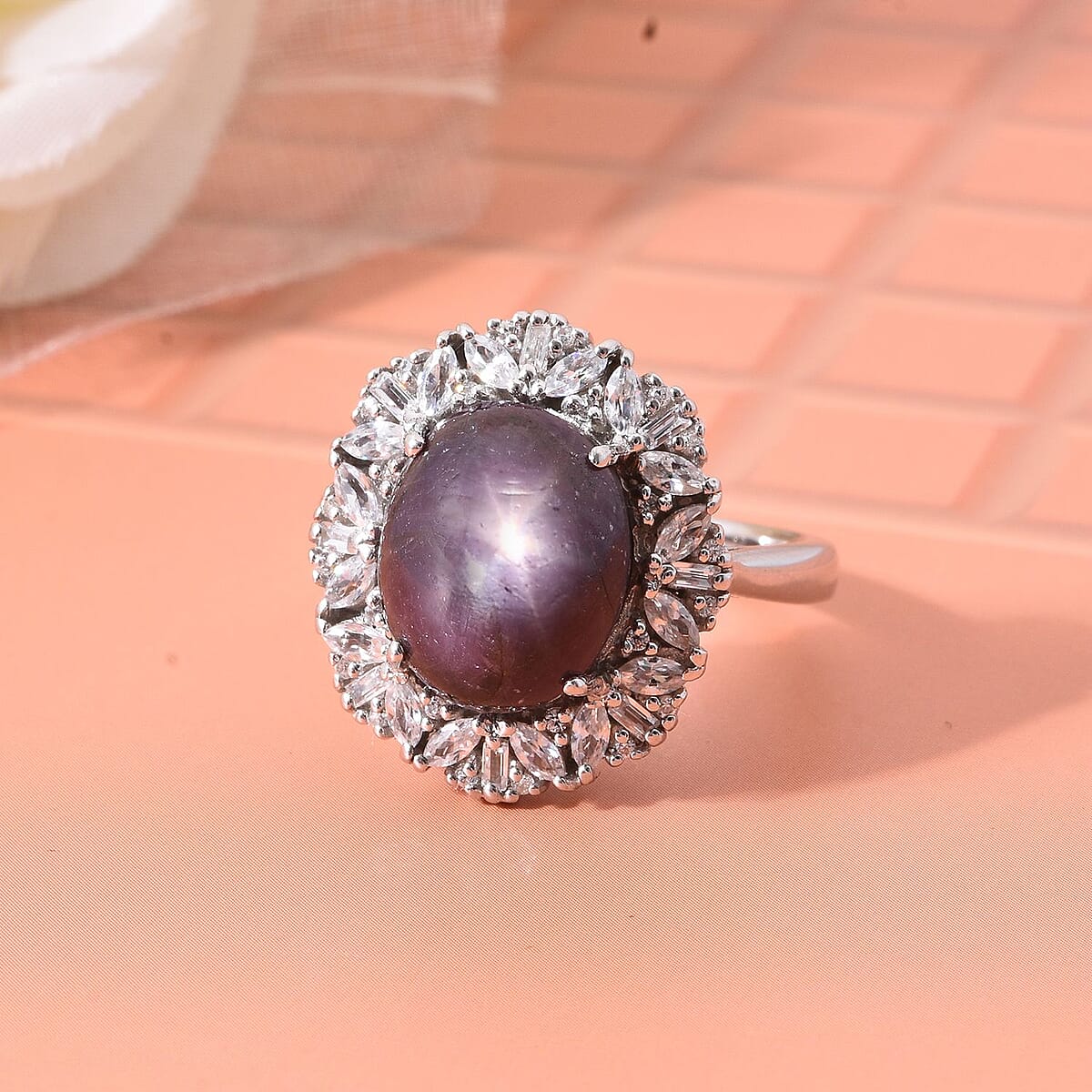 Indian Star Ruby and White Zircon 10.25 ctw Starlight Ring in Rhodium Over Sterling Silver (Size 11.0) image number 1