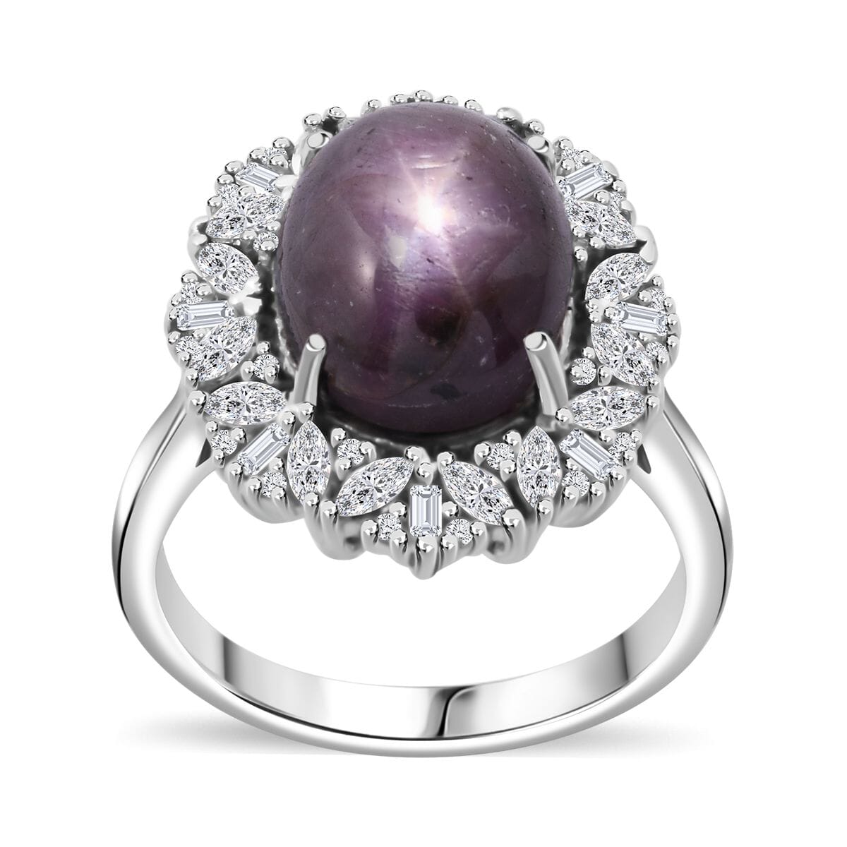 Indian Star Ruby, White Zircon Starlight Ring in Rhodium Over Sterling Silver (Size 5.0) 10.25 ctw image number 0