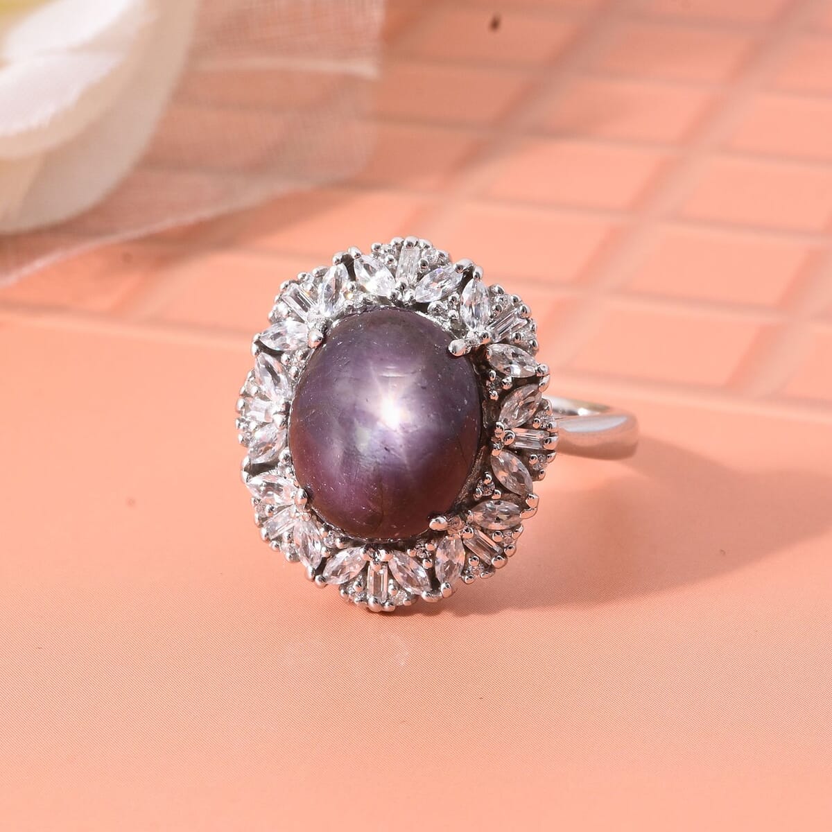 Indian Star Ruby, White Zircon Starlight Ring in Rhodium Over Sterling Silver (Size 5.0) 10.25 ctw image number 1