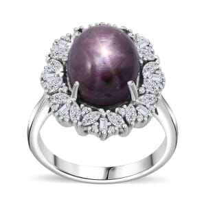 Indian Star Ruby and White Zircon 10.25 ctw Starlight Ring in Rhodium Over Sterling Silver (Size 6.0)