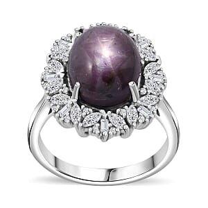 Indian Star Ruby and White Zircon 10.25 ctw Starlight Ring in Rhodium Over Sterling Silver (Size 9.0)