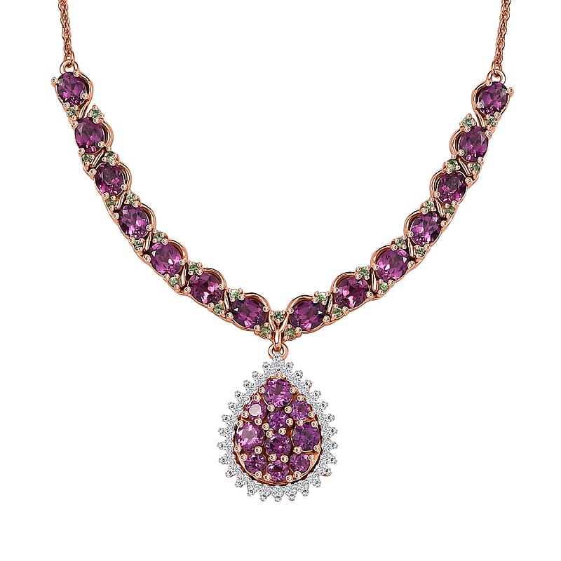 D'Joy AAA Radiant Ember Garnet and Multi Gemstone 8.70 ctw Petals Vine Necklace in 18K Vermeil Rose Gold Over Sterling Silver 18 Inches