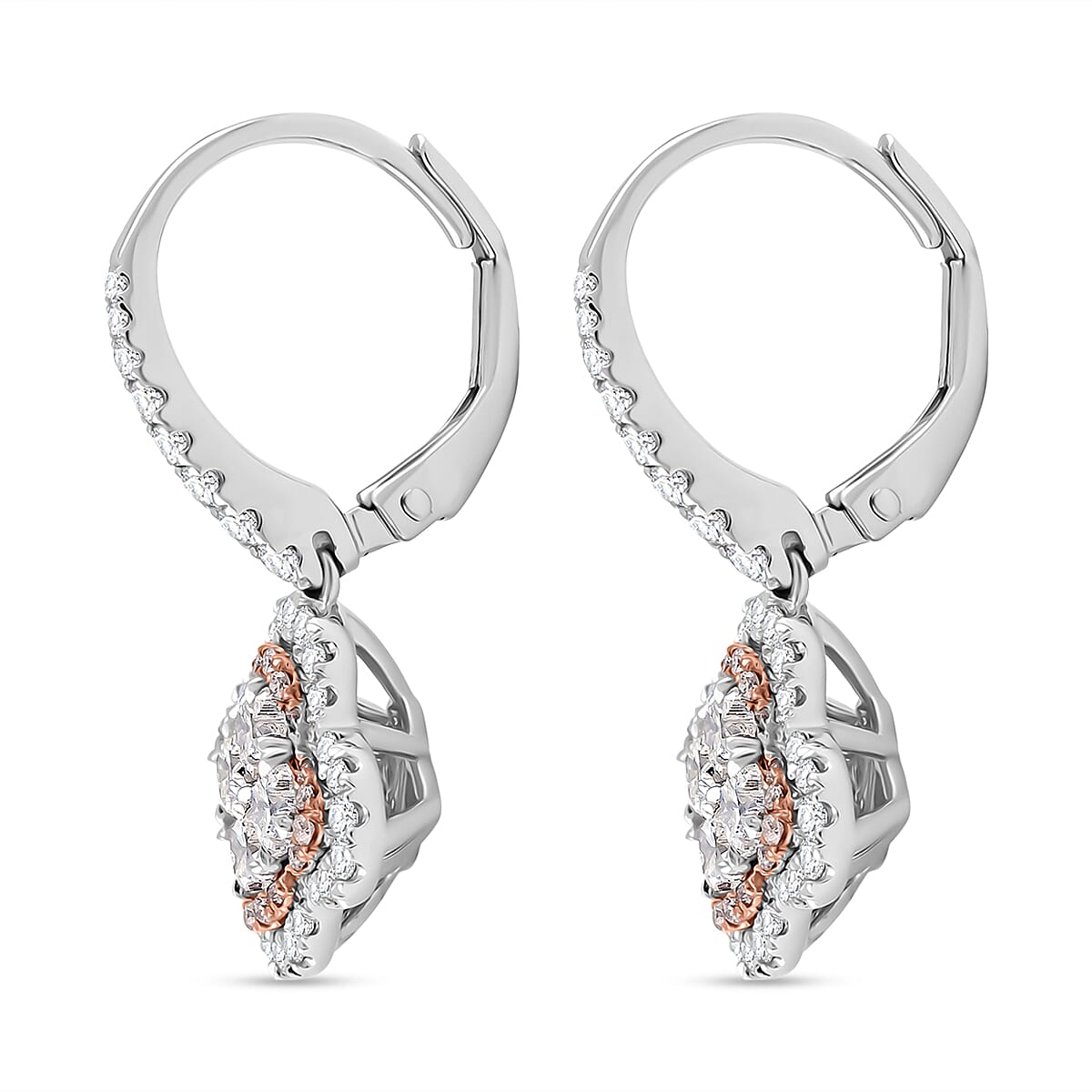 Modani G VVS Natural White and Pink Diamond 1.70 ctw Earrings in 950 Platinum and 18K White and Rose Gold 7.10 Grams