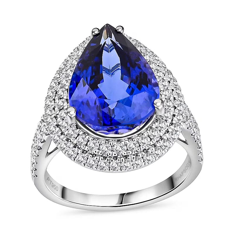 Certified and Appraised Rhapsody AAAA Tanzanite, E-F, VS Diamond Ring in 950 Platinum 9.40 ctw (Size 10.0)