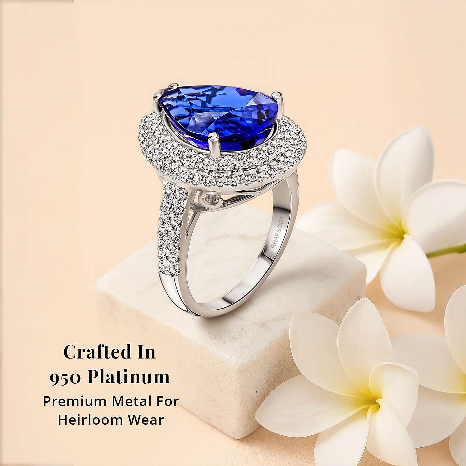 Certified and Appraised Rhapsody AAAA Tanzanite, E-F, VS Diamond Ring in 950 Platinum 9.40 ctw (Size 10.0)