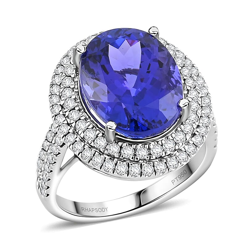 Rhapsody AAAA Tanzanite, Diamond Halo Ring in 950 Platinum 9.50 ctw (Size 10.0)