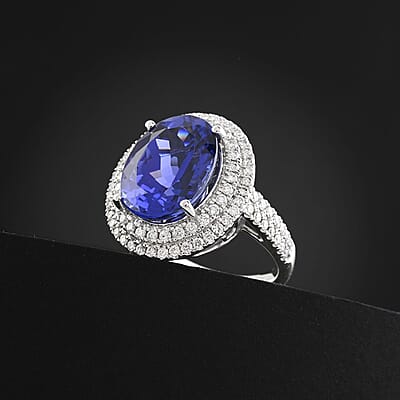 Rhapsody AAAA Tanzanite, Diamond Halo Ring in 950 Platinum 9.50 ctw (Size 10.0)