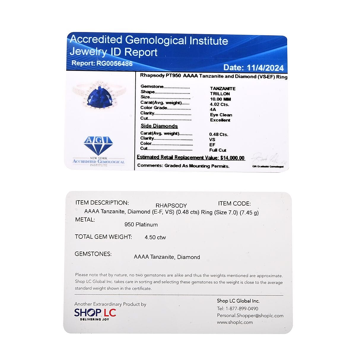 Certified & Appraised Rhapsody AAAA Tanzanite and E-F VS Diamond 4.10 ctw Ring in 950 Platinum (Size 6.0) 7.45 Grams