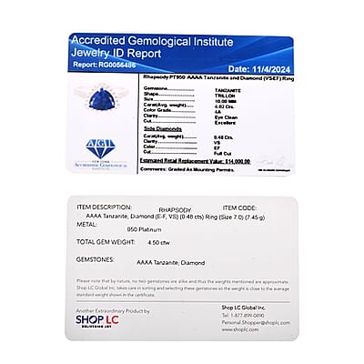 Certified & Appraised Rhapsody AAAA Tanzanite and E-F VS Diamond 4.10 ctw Ring in 950 Platinum (Size 6.0) 7.45 Grams