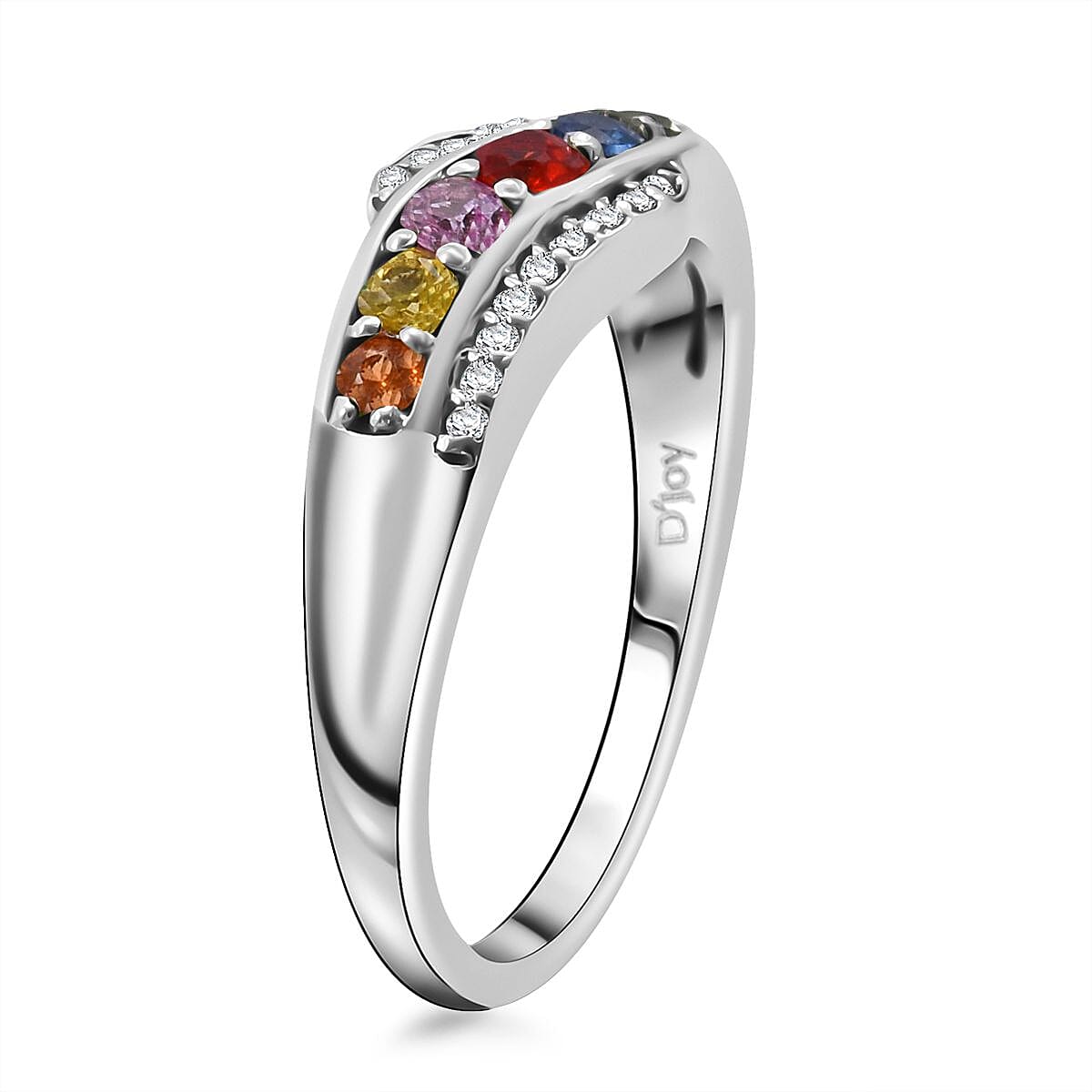 Premium Rainbow Sapphire and White Zircon 0.75 ctw Celestial Waves Ring in Rhodium Over Sterling Silver (Size 7.0) image number 2