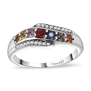 Premium Rainbow Sapphire and White Zircon 0.75 ctw Celestial Waves Ring in Rhodium Over Sterling Silver (Size 9.0)