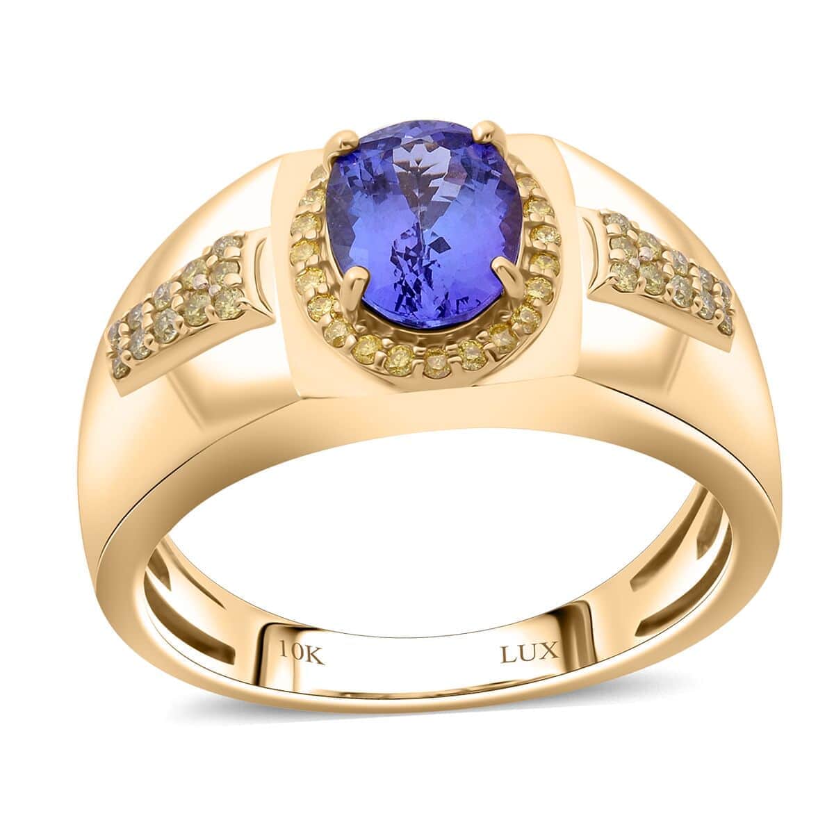 Doorbuster Luxoro AAA Tanzanite and I3 Natural Yellow Diamond 2.15 ctw Men's Ring in 10K Yellow Gold (Size 10.0) 8 Grams image number 0